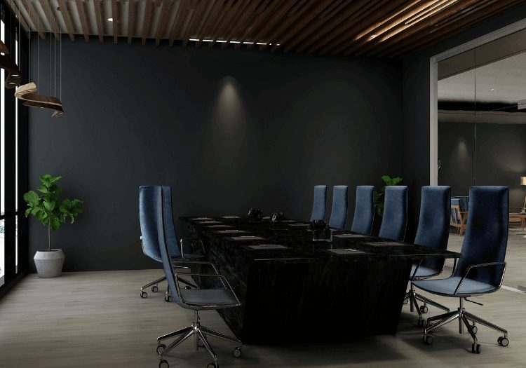 An empty boardroom at dusk, seen through glass