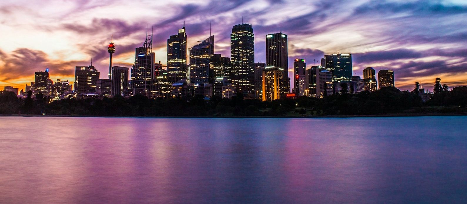 Sydney city towers at dusk across the harbour